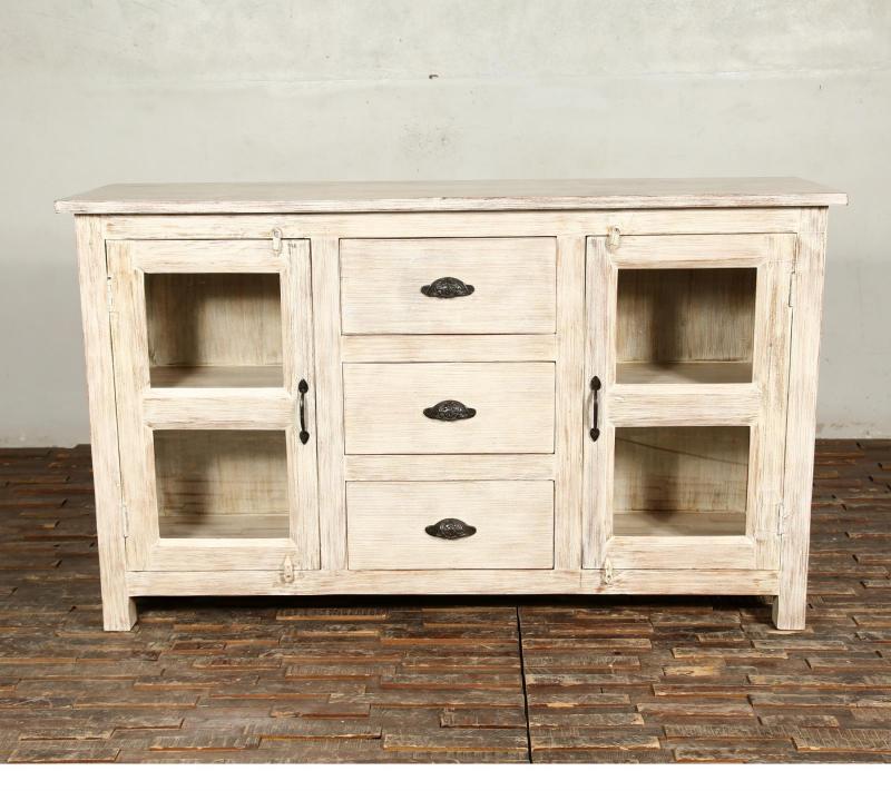 SOLID RECLAIMED TEAK WOOD & GLASS SIDEBOARD