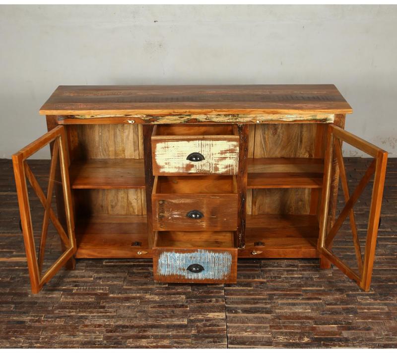 SOLID RECLAIMED TEAK WOOD & GLASS SIDEBOARD