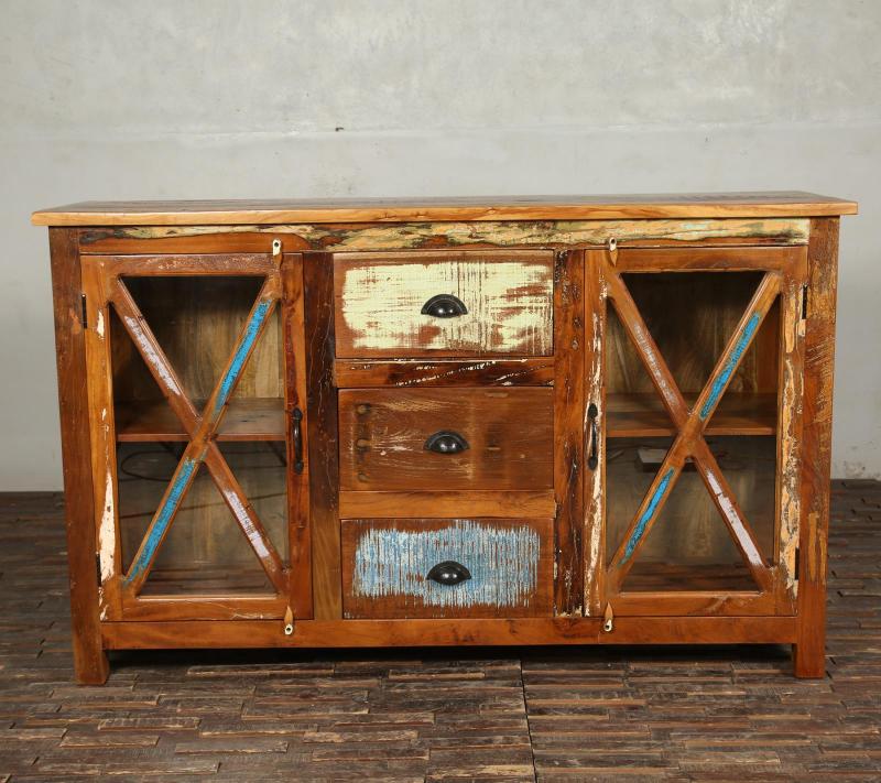 SOLID RECLAIMED TEAK WOOD & GLASS SIDEBOARD