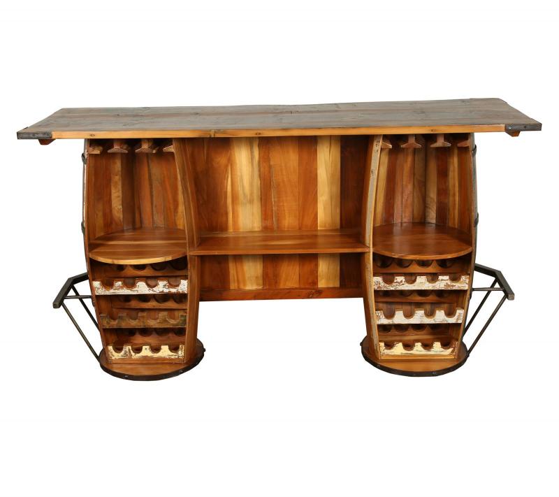 SOLID RECLAIMED TEAK WOOD & IRON DOUBLE BARREL BAR 