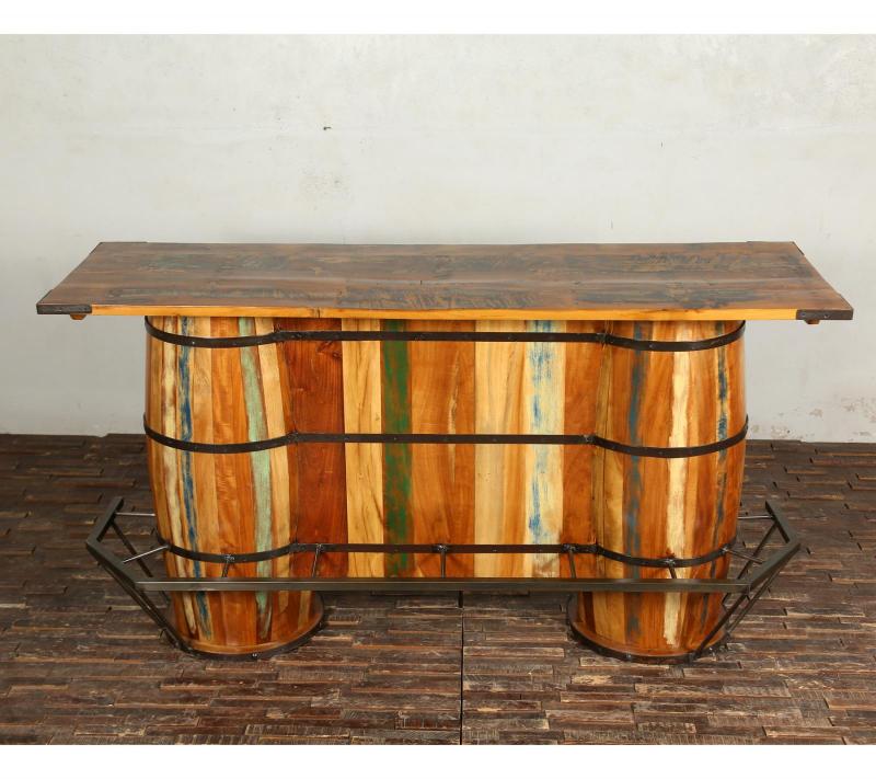 SOLID RECLAIMED TEAK WOOD & IRON DOUBLE BARREL BAR 