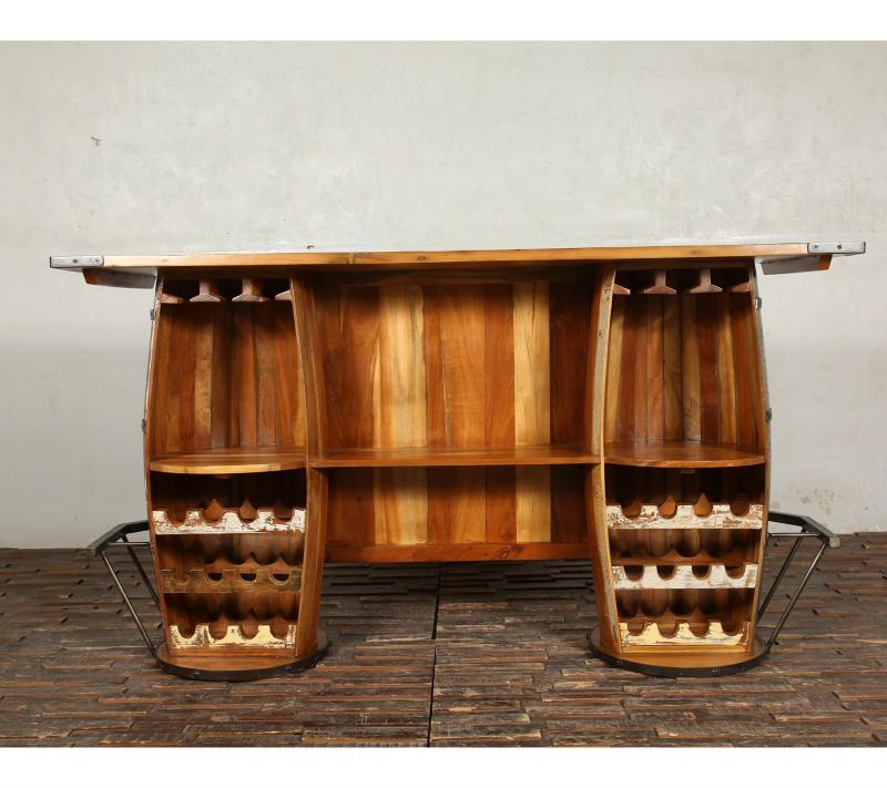 SOLID RECLAIMED TEAK WOOD & IRON DOUBLE BARREL BAR 