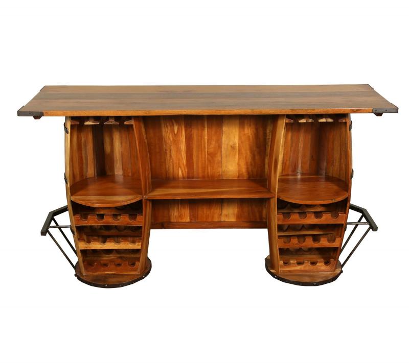 SOLID RECLAIMED TEAK WOOD & IRON DOUBLE BARREL BAR 