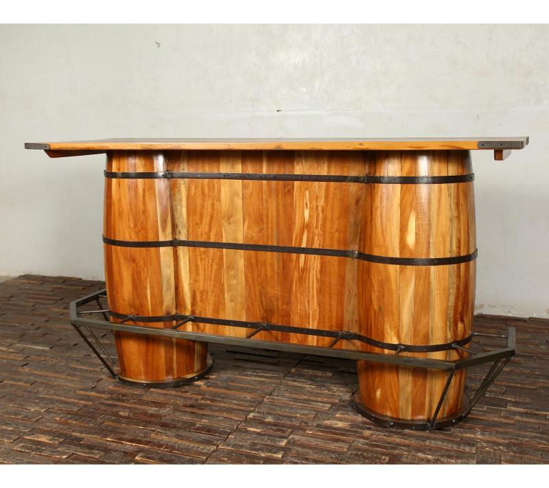 SOLID RECLAIMED TEAK WOOD & IRON DOUBLE BARREL BAR 