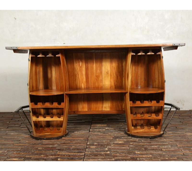 SOLID RECLAIMED TEAK WOOD & IRON DOUBLE BARREL BAR 