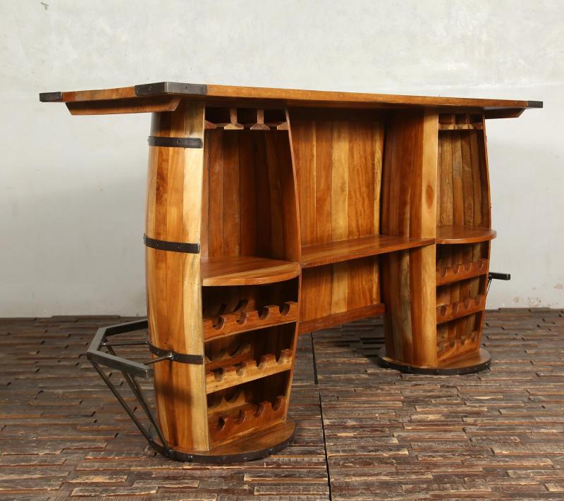 SOLID RECLAIMED TEAK WOOD & IRON DOUBLE BARREL BAR 