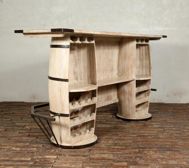 SOLID RECLAIMED TEAK WOOD & IRON DOUBLE BARREL BAR 