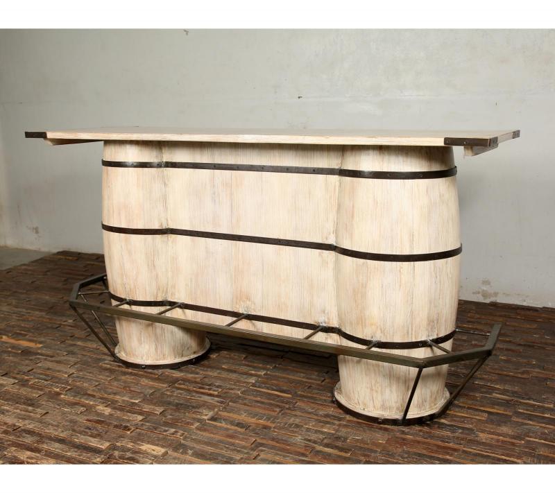 SOLID RECLAIMED TEAK WOOD & IRON DOUBLE BARREL BAR 