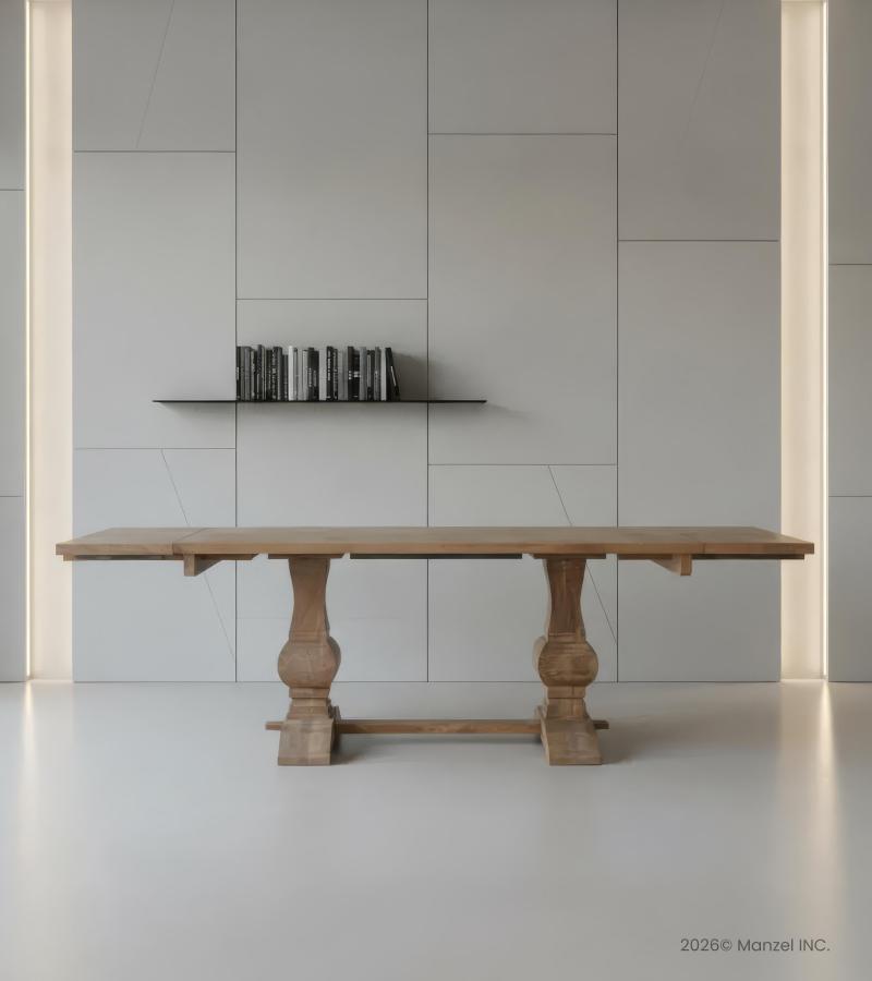 SOLID WOOD PEDESTAL EXTENSION DINING TABLE