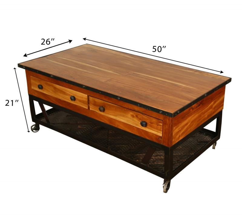 SOLID RECLAIMED TEAK WOOD & IRON COFFEE TABLE W/ 2 DRAWERS AND CASTERS