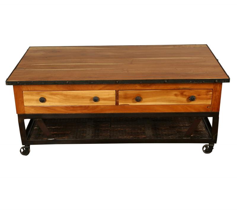 SOLID RECLAIMED TEAK WOOD & IRON COFFEE TABLE W/ 2 DRAWERS AND CASTERS