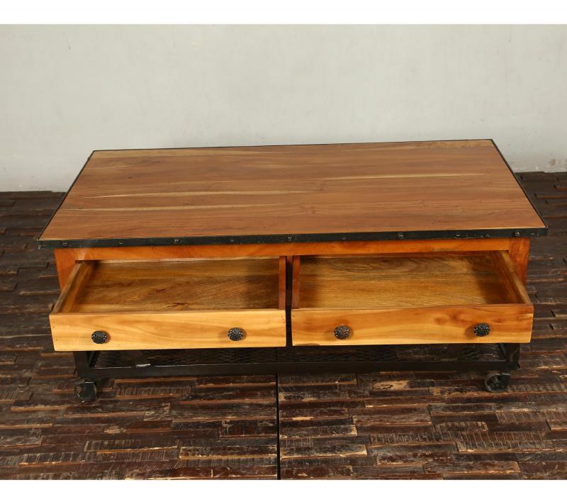 SOLID RECLAIMED TEAK WOOD & IRON COFFEE TABLE W/ 2 DRAWERS AND CASTERS