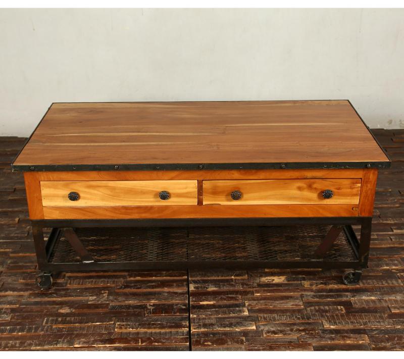 SOLID RECLAIMED TEAK WOOD & IRON COFFEE TABLE W/ 2 DRAWERS AND CASTERS