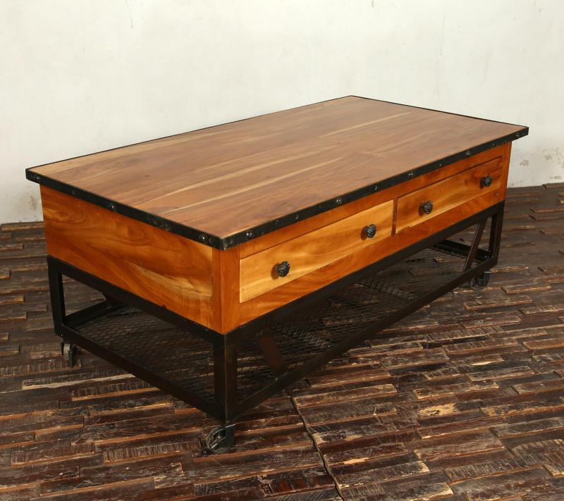 SOLID RECLAIMED TEAK WOOD & IRON COFFEE TABLE W/ 2 DRAWERS AND CASTERS