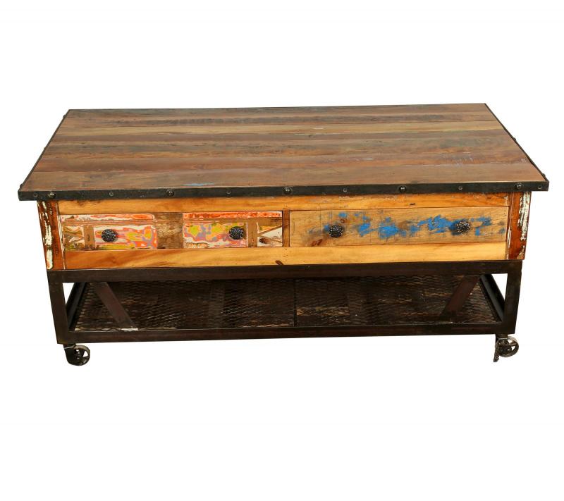 SOLID RECLAIMED TEAK WOOD & IRON COFFEE TABLE W/ 2 DRAWERS AND CASTERS