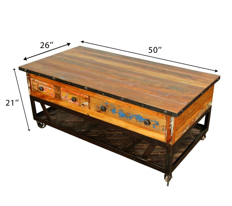 SOLID RECLAIMED TEAK WOOD & IRON COFFEE TABLE W/ 2 DRAWERS AND CASTERS