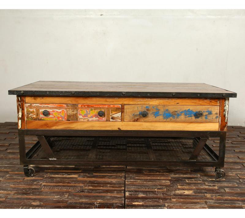 SOLID RECLAIMED TEAK WOOD & IRON COFFEE TABLE W/ 2 DRAWERS AND CASTERS