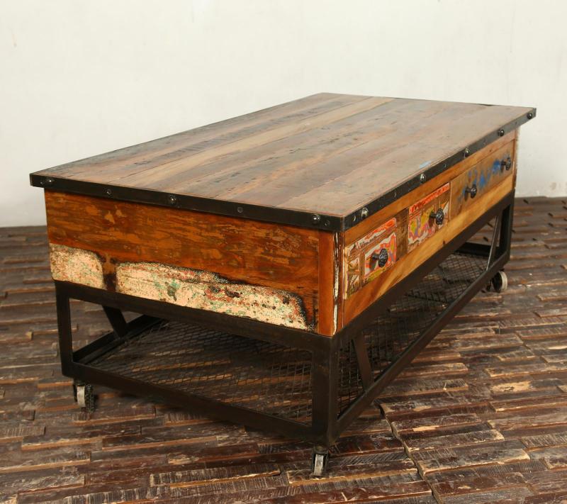 SOLID RECLAIMED TEAK WOOD & IRON COFFEE TABLE W/ 2 DRAWERS AND CASTERS