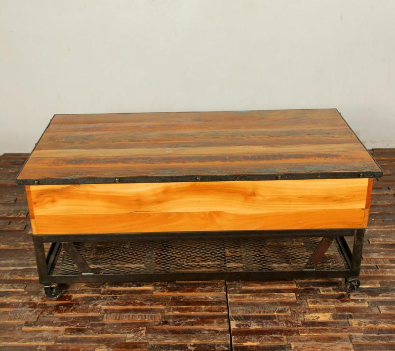 SOLID RECLAIMED TEAK WOOD & IRON COFFEE TABLE W/ 2 DRAWERS AND CASTERS
