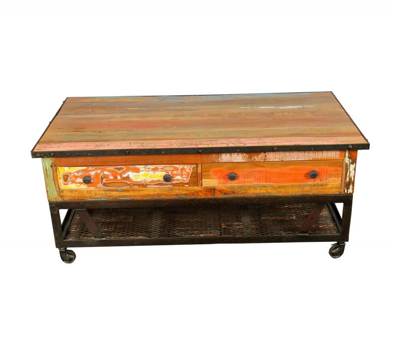 SOLID RECLAIMED TEAK WOOD & IRON COFFEE TABLE W/ 2 DRAWERS AND CASTERS