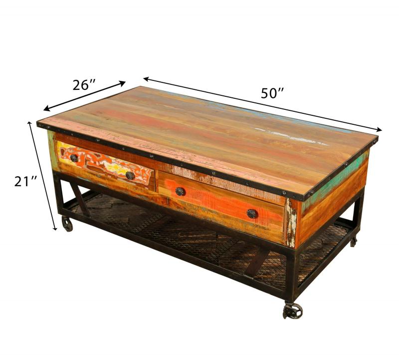 SOLID RECLAIMED TEAK WOOD & IRON COFFEE TABLE W/ 2 DRAWERS AND CASTERS