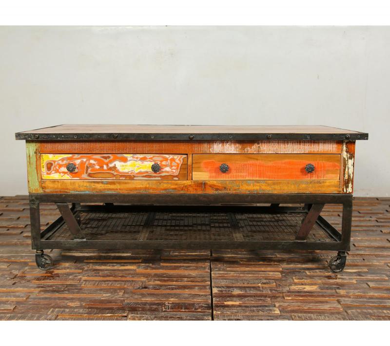 SOLID RECLAIMED TEAK WOOD & IRON COFFEE TABLE W/ 2 DRAWERS AND CASTERS