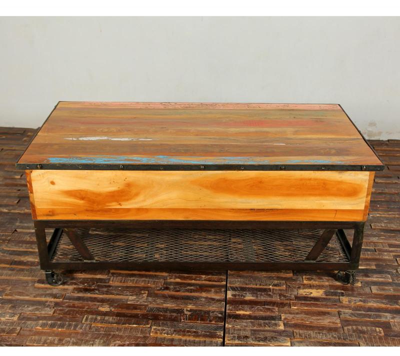 SOLID RECLAIMED TEAK WOOD & IRON COFFEE TABLE W/ 2 DRAWERS AND CASTERS