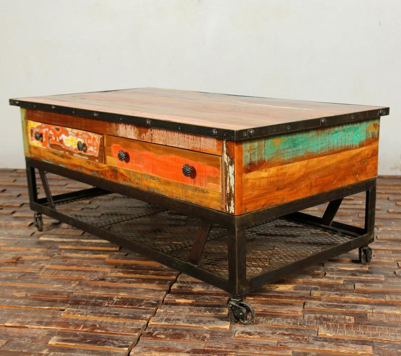 SOLID RECLAIMED TEAK WOOD & IRON COFFEE TABLE W/ 2 DRAWERS AND CASTERS