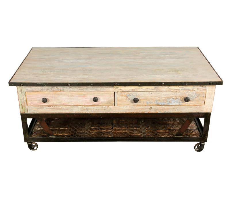 SOLID RECLAIMED TEAK WOOD & IRON COFFEE TABLE W/ 2 DRAWERS AND CASTERS