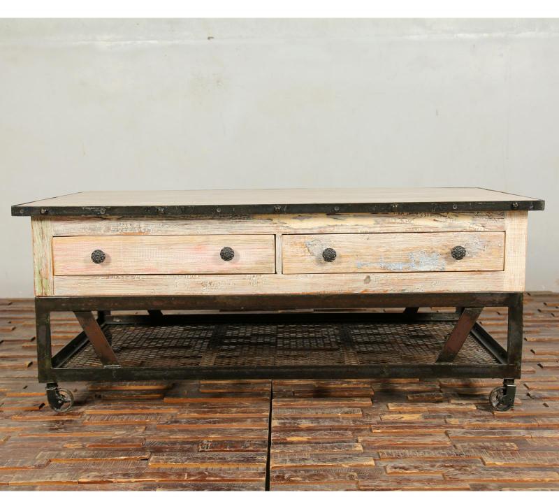 SOLID RECLAIMED TEAK WOOD & IRON COFFEE TABLE W/ 2 DRAWERS AND CASTERS