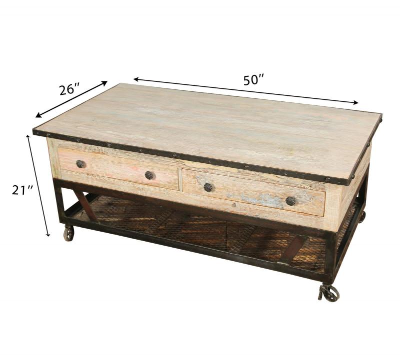 SOLID RECLAIMED TEAK WOOD & IRON COFFEE TABLE W/ 2 DRAWERS AND CASTERS