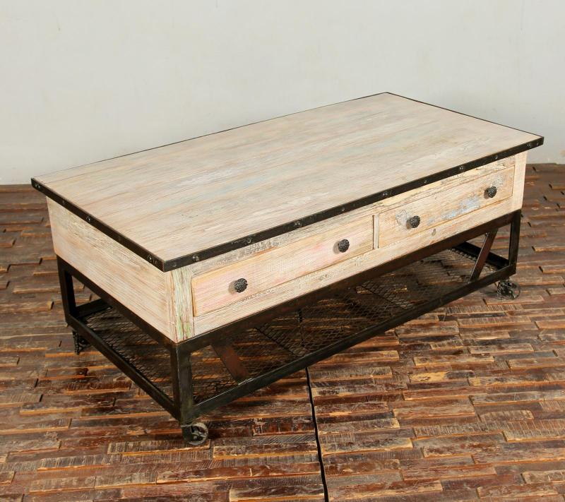 SOLID RECLAIMED TEAK WOOD & IRON COFFEE TABLE W/ 2 DRAWERS AND CASTERS