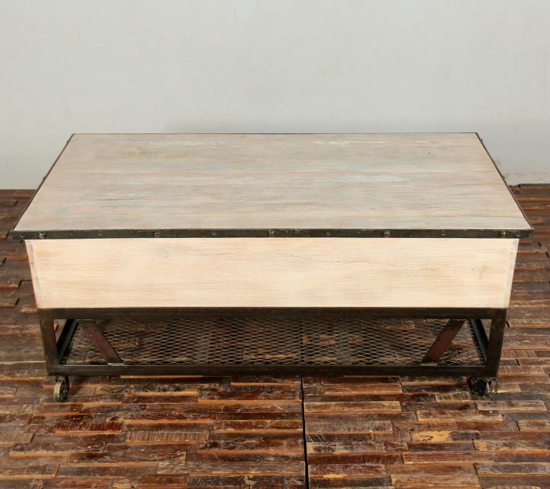 SOLID RECLAIMED TEAK WOOD & IRON COFFEE TABLE W/ 2 DRAWERS AND CASTERS