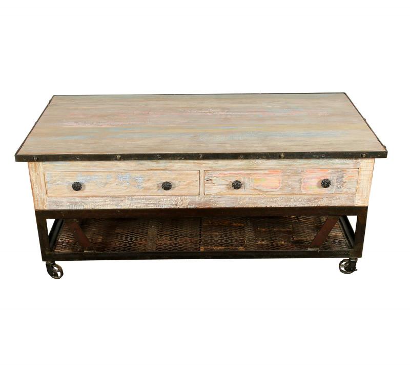 SOLID RECLAIMED TEAK WOOD & IRON COFFEE TABLE W/ 2 DRAWERS AND CASTERS
