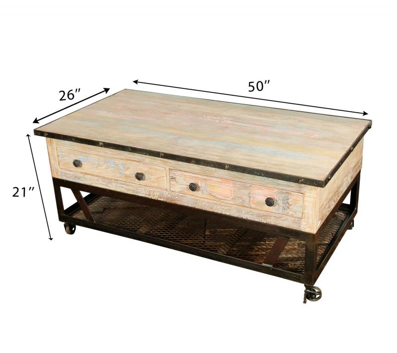 SOLID RECLAIMED TEAK WOOD & IRON COFFEE TABLE W/ 2 DRAWERS AND CASTERS