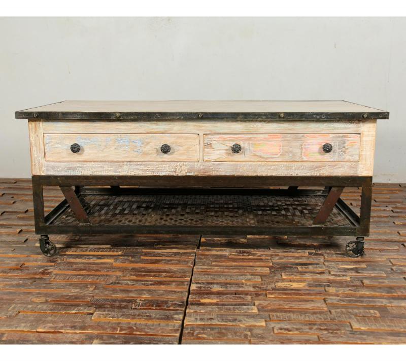 SOLID RECLAIMED TEAK WOOD & IRON COFFEE TABLE W/ 2 DRAWERS AND CASTERS