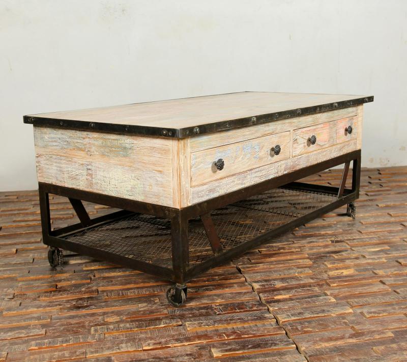 SOLID RECLAIMED TEAK WOOD & IRON COFFEE TABLE W/ 2 DRAWERS AND CASTERS