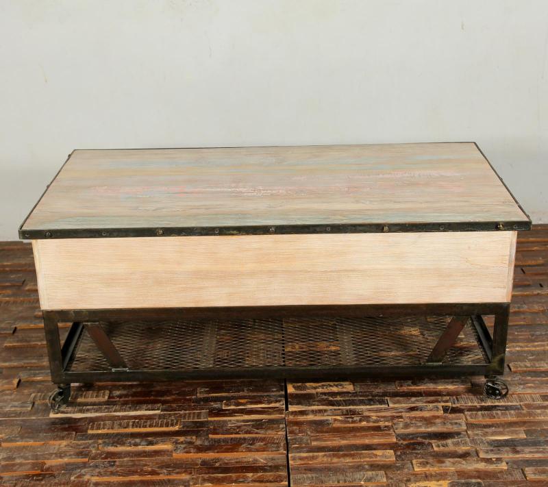 SOLID RECLAIMED TEAK WOOD & IRON COFFEE TABLE W/ 2 DRAWERS AND CASTERS