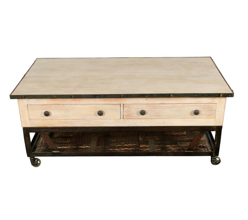 SOLID RECLAIMED TEAK WOOD & IRON COFFEE TABLE W/ 2 DRAWERS AND CASTERS
