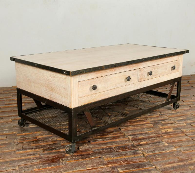 SOLID RECLAIMED TEAK WOOD & IRON COFFEE TABLE W/ 2 DRAWERS AND CASTERS