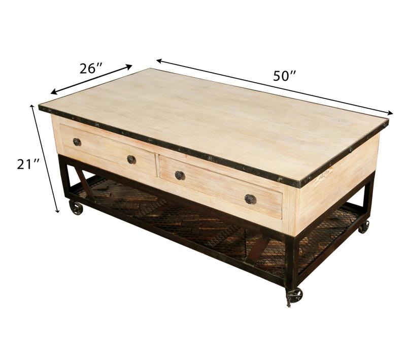 SOLID RECLAIMED TEAK WOOD & IRON COFFEE TABLE W/ 2 DRAWERS AND CASTERS