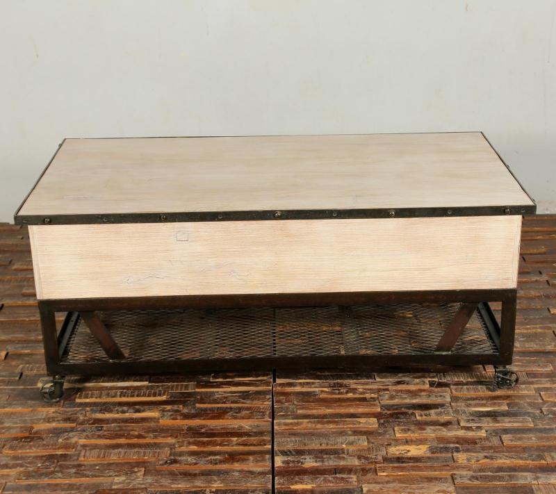 SOLID RECLAIMED TEAK WOOD & IRON COFFEE TABLE W/ 2 DRAWERS AND CASTERS