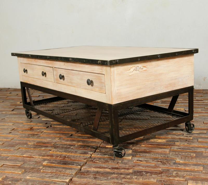 SOLID RECLAIMED TEAK WOOD & IRON COFFEE TABLE W/ 2 DRAWERS AND CASTERS