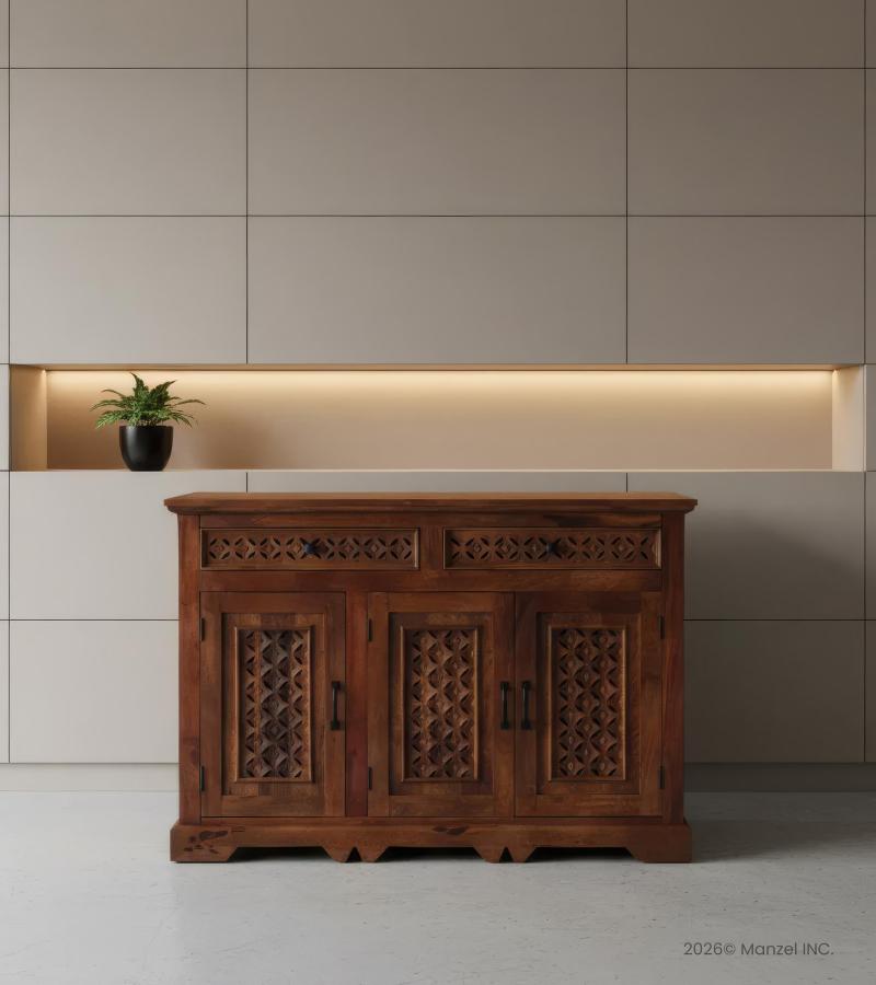 CARVED WOOD SIDEBOARD W/ 3 DOORS & DRAWERS