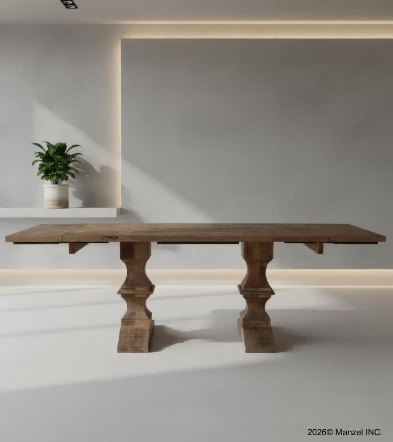 SOLID WOOD PEDESTAL EXTENSION DINING TABLE