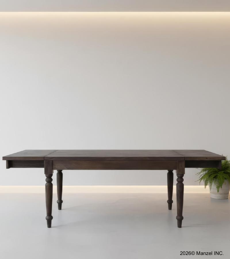 EXTENDABLE SOLID WOOD DINING TABLE W/ SELF-STORING EXTENSIONS