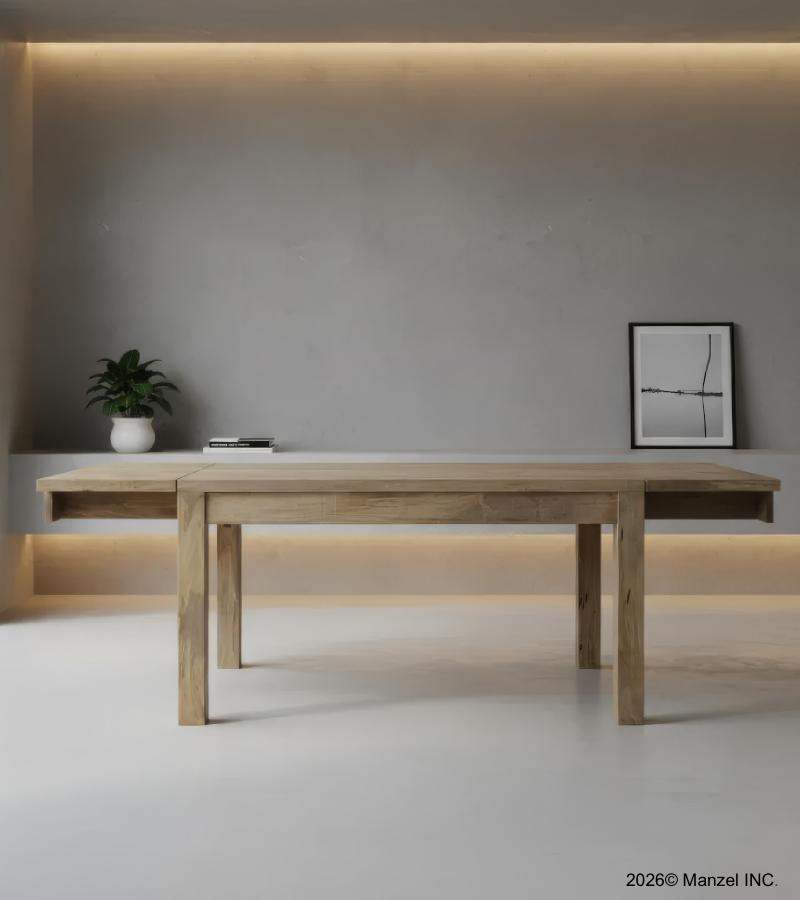 EXTENDABLE SOLID WOOD DINING TABLE W/ SELF-STORING EXTENSIONS