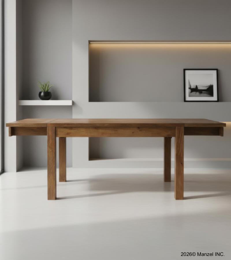 EXTENDABLE SOLID WOOD DINING TABLE W/ SELF-STORING EXTENSIONS