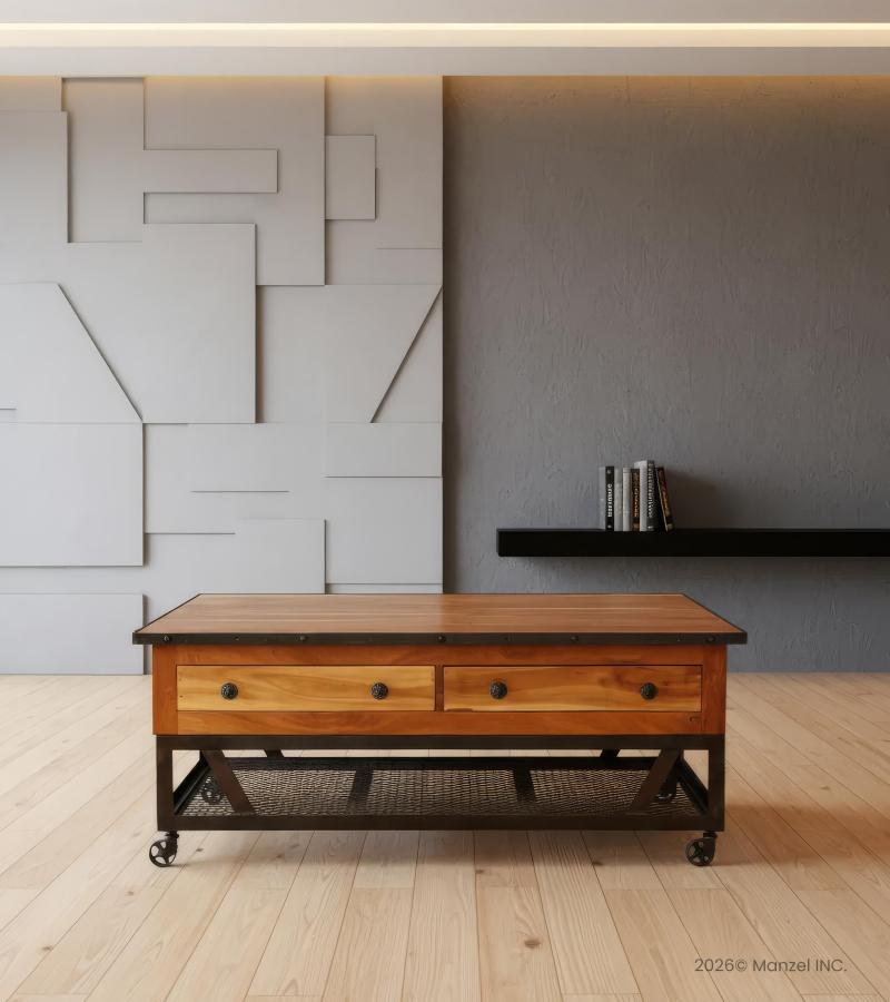 SOLID RECLAIMED TEAK WOOD & IRON COFFEE TABLE W/ 2 DRAWERS AND CASTERS