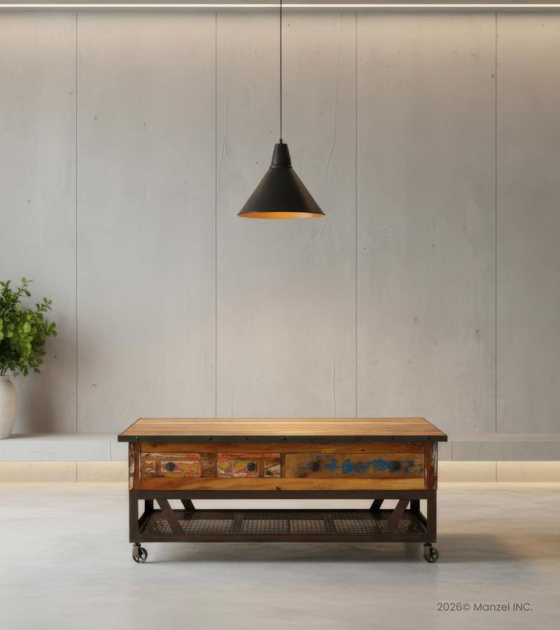 SOLID RECLAIMED TEAK WOOD & IRON COFFEE TABLE W/ 2 DRAWERS AND CASTERS